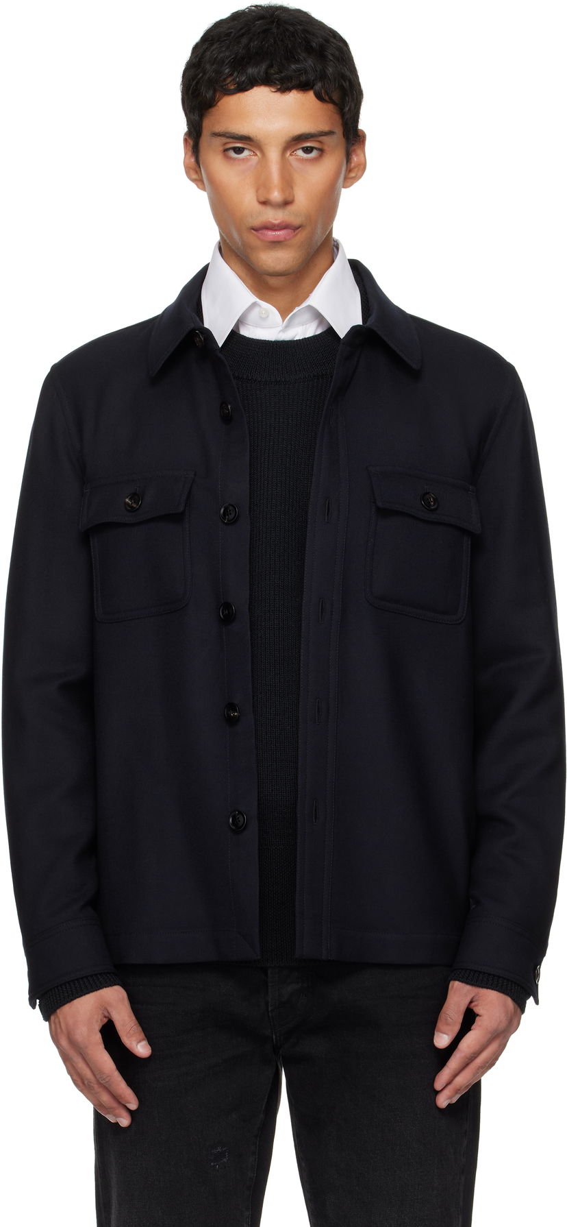Jakna Tom Ford TOM FORD Light Wool Chest Pocket Overshirt Mornarica | OJS016-FMW063