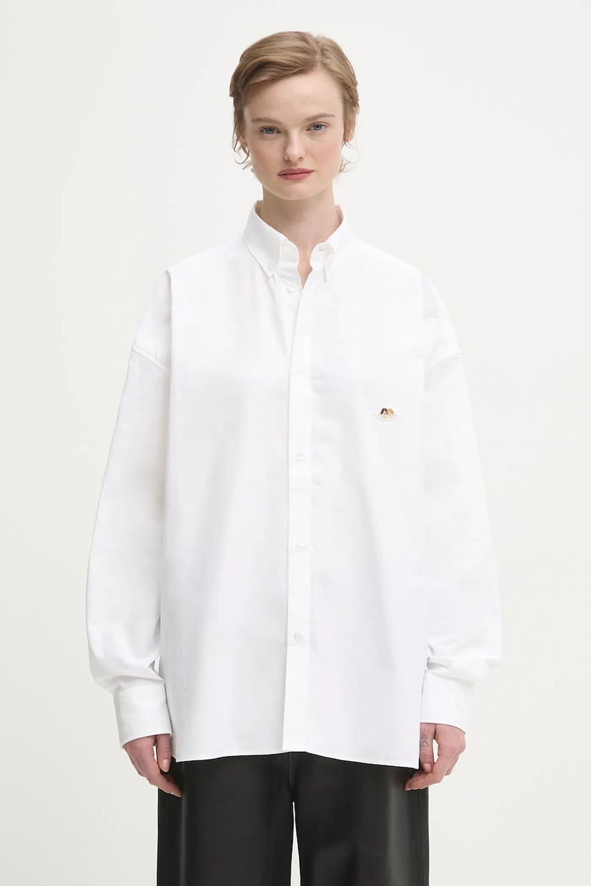 Srajce Fiorucci Angel Patch Relaxed Fit Button-Up Shirt with Classic Collar Bela | W02SMTLO055CO01WH01