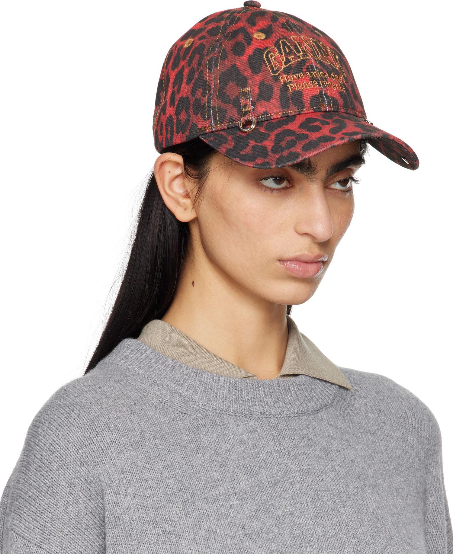 Kapa GANNI GANNI Leopard Print Baseball Cap Rdeča | A6640, 1
