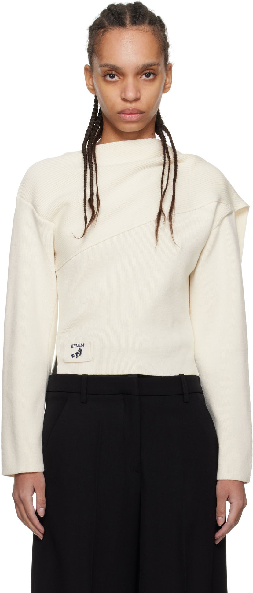 Pleteni pulover Erdem Erdem Drape Detail Ribbed Knit Sweater Bela | PS25_KT7_WWRK