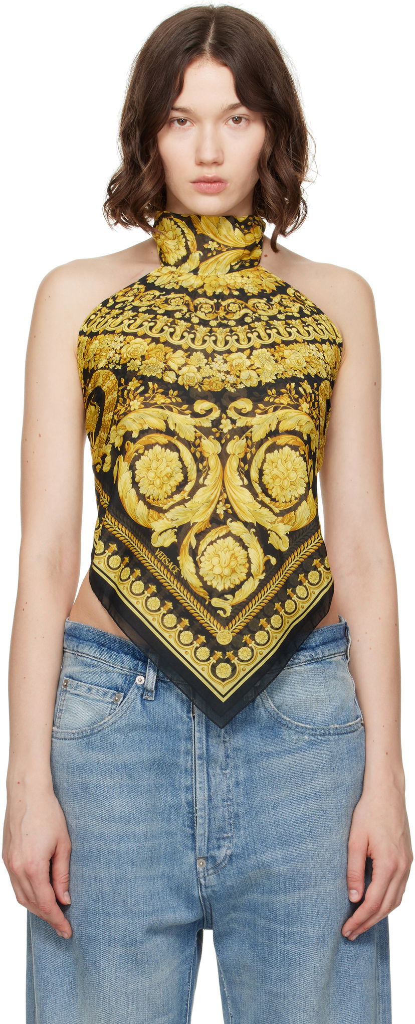 Majica brez rokavov Versace Versace Barocco Foulard Halter Top Črna | 1016588_1A11158