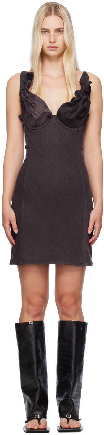 Obleke Y/PROJECT Plunging Neck Denim Minidress Črna | 107DR002