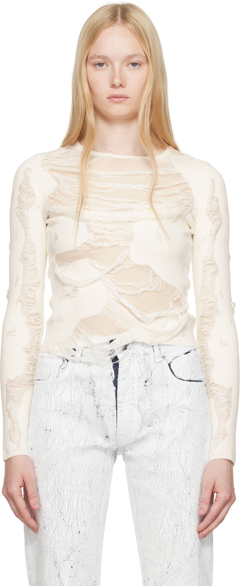 Pleteni pulover Maison Margiela MM6 Maison Margiela Slashed Crewneck Sweater Bela | S62HL0032 M13121