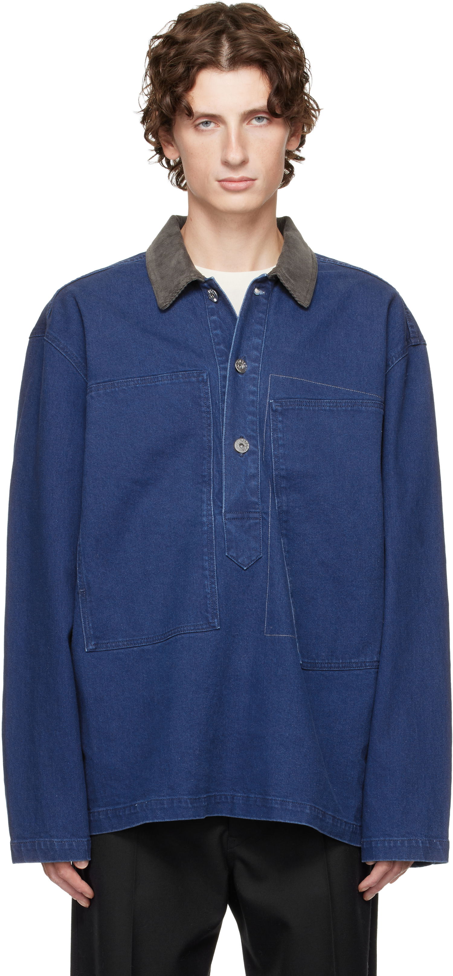 Polo majica JW Anderson Denim Polo with Patch Pockets and Corduroy Collar Modra | DS0014-PG1835, 0