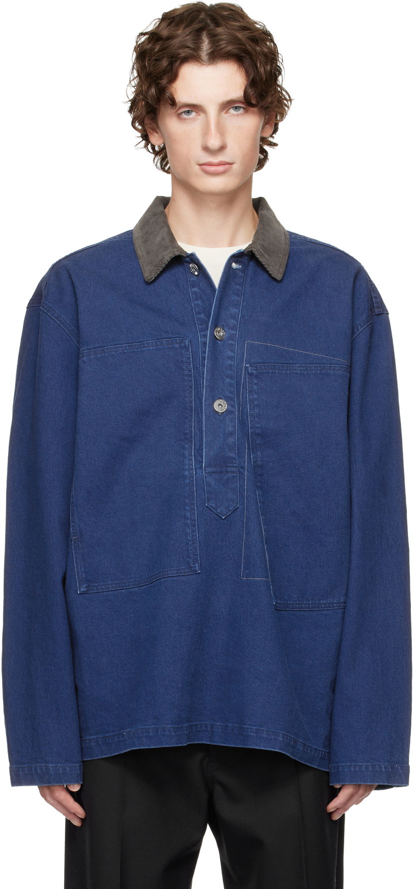 Polo majica JW Anderson Denim Polo with Patch Pockets and Corduroy Collar Modra | DS0014-PG1835