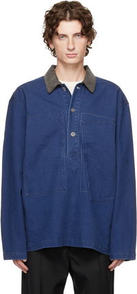 Denim Polo with Patch Pockets and Corduroy Collar