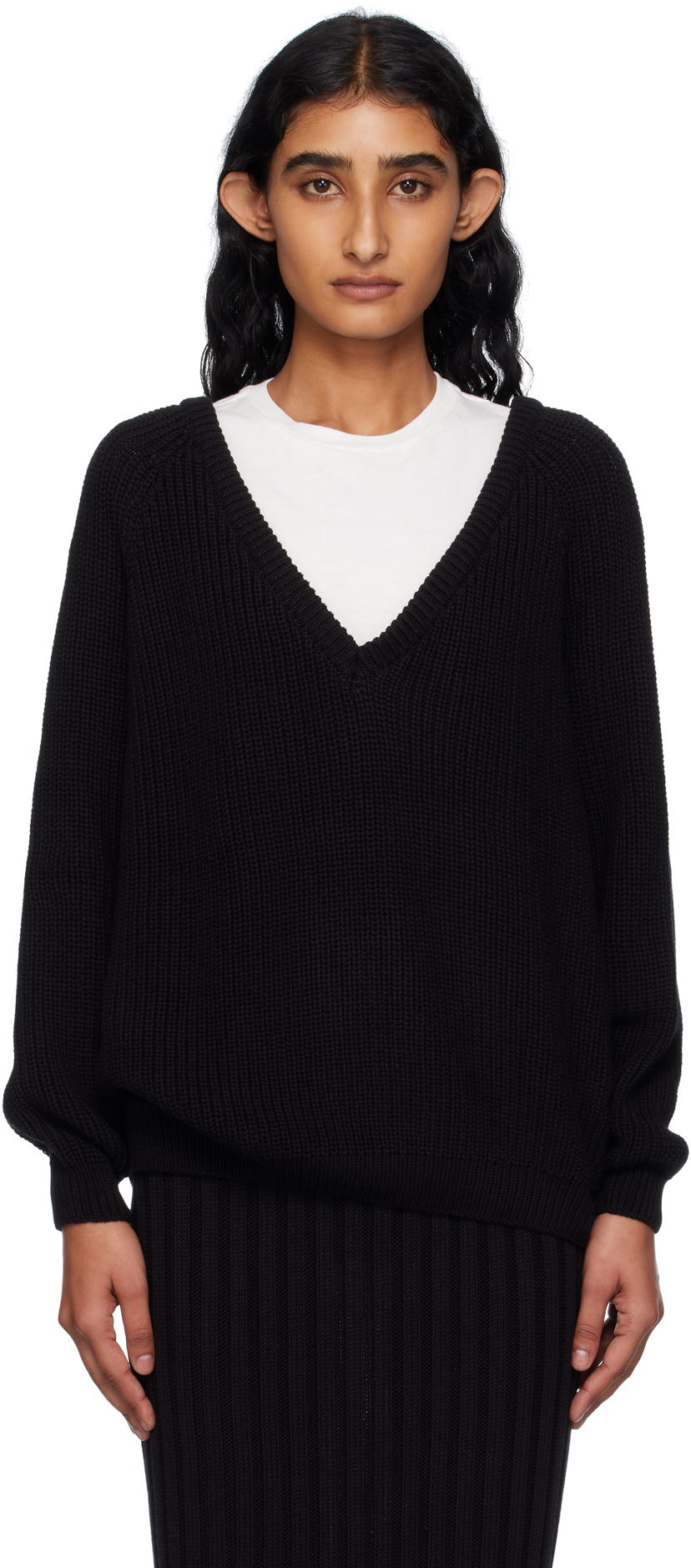 Pleteni pulover Baserange Baserange Danube V-Neck Sweater Črna | PUDVN-OC-AU25