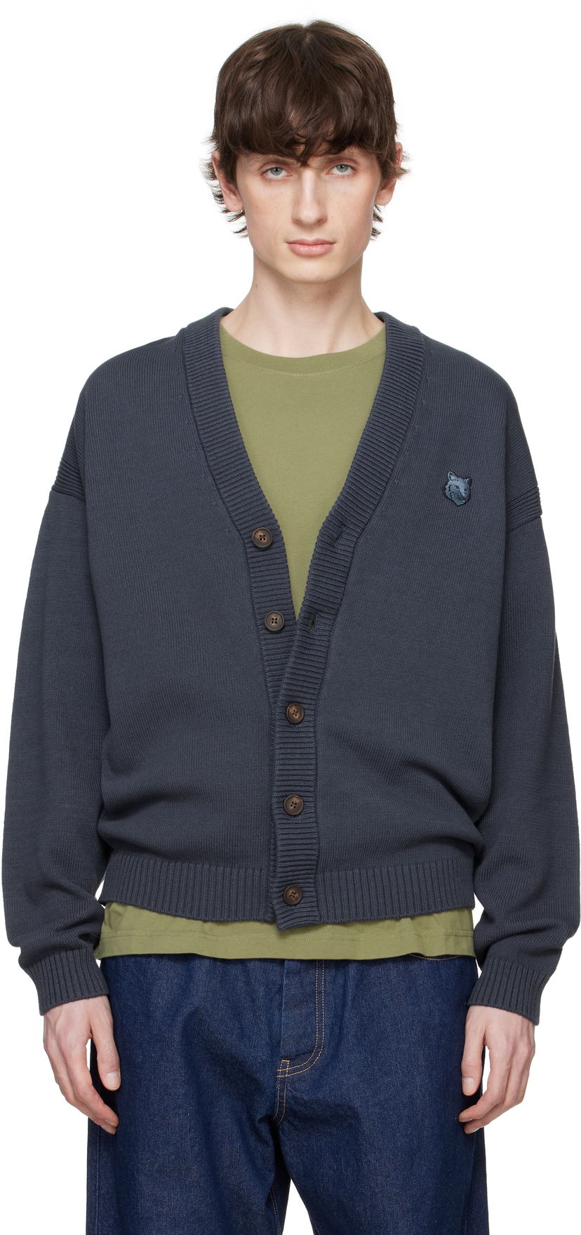 Pleteni pulover MAISON KITSUNÉ Maison Kitsuné Bold Fox Head Patch Comfort Cardigan Siva | OM00502KT1099