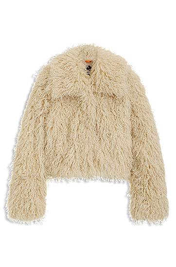 Jakna BOSS Cropped Mongolian Faux Fur Jacket Bež | 50547960