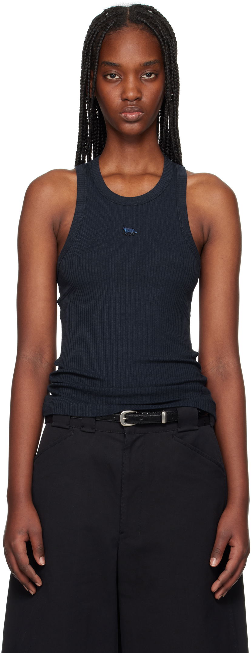 Majica brez rokavov MAISON KITSUNÉ Maison Kitsuné Baby Fox Patch Ribbed Tank Top Mornarica | OW00604KJ0134