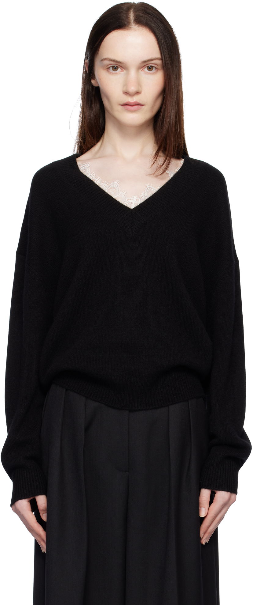 Pleteni pulover Anine Bing Lee Lace Trim V-Neck Sweater Črna | A-09-3280-000