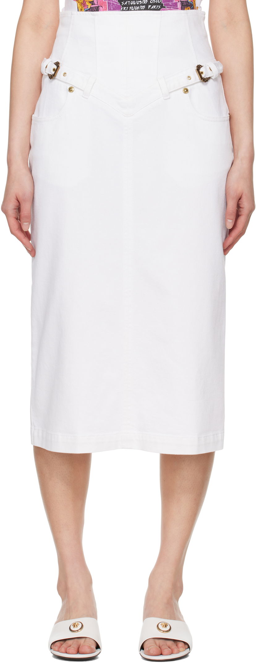 Krila Versace Versace Jeans Couture Baroque Buckle Denim Midi Skirt Bela | E78HAE85E_EEW015TC2
