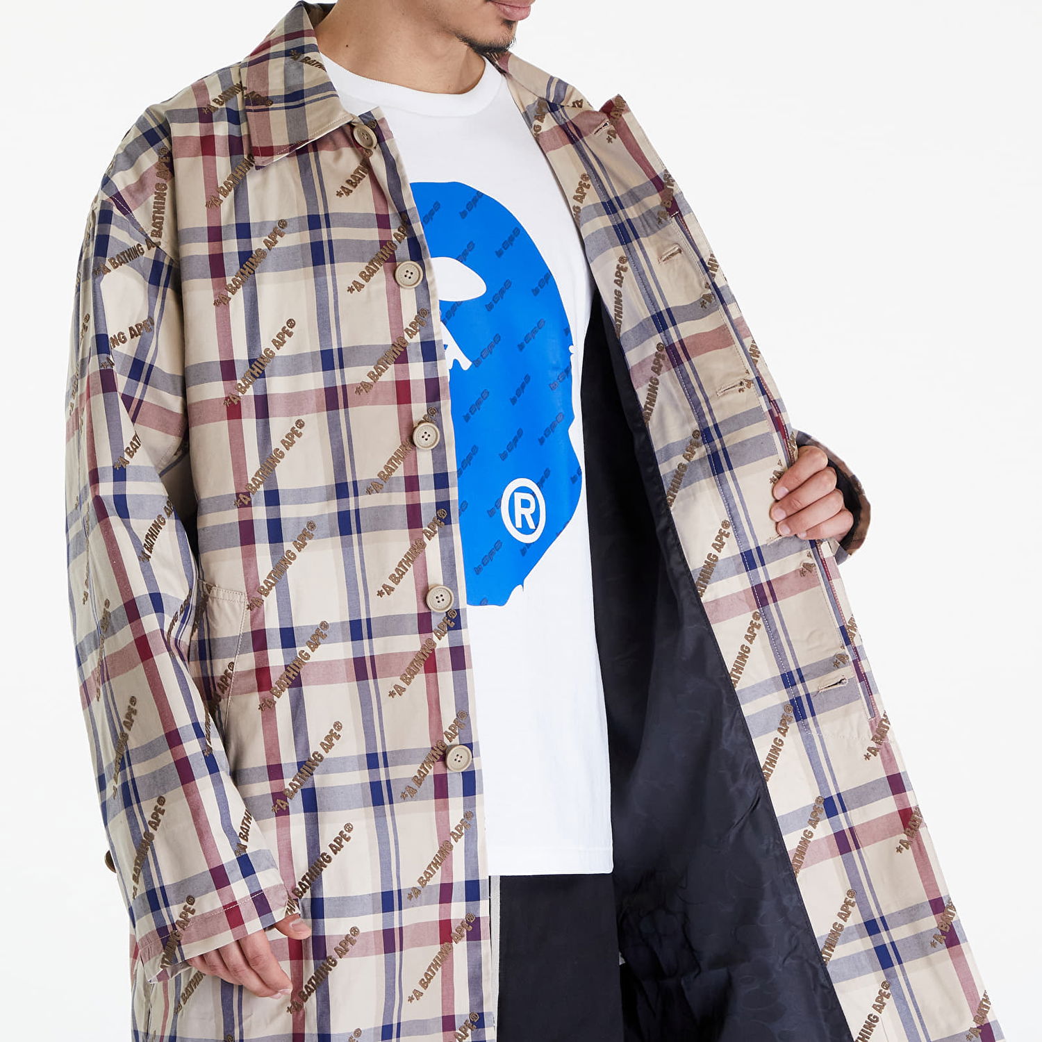 Jakna BAPE A BATHING APE Logo Check Pattern Long Coat Beige Bež | 001LJJ801055I BEI, 1