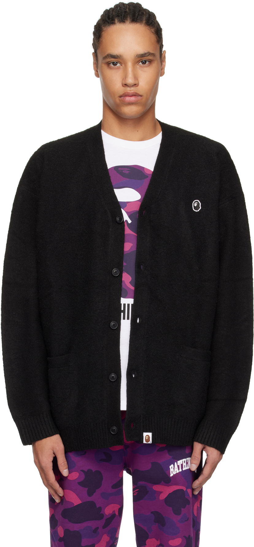 Pleteni pulover BAPE A Bathing Ape One Point Hairy Yarn Cardigan Črna | 001KNK801004M