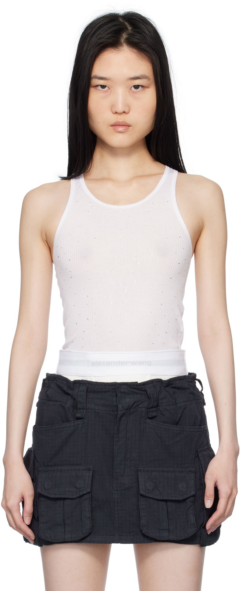 Majica brez rokavov Alexander Wang White Crystal Hotfix Racer Tank Top Bela | WL001T