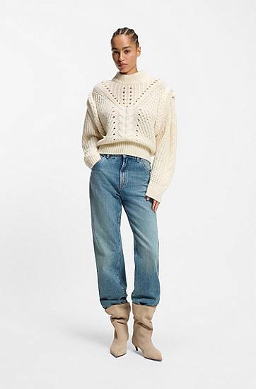 Pleteni pulover BOSS Structured Cable and Openwork Knit Mock Neck Sweater with Alpaca and Virgin Wool Bela | 50548951, 1