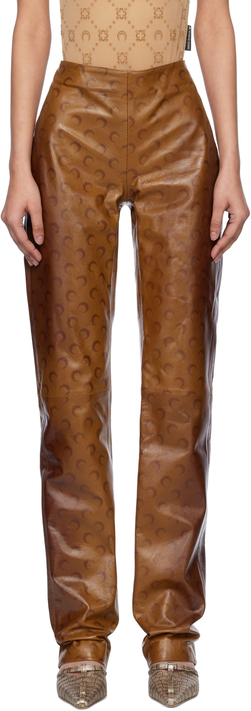 Hlače Marine Serre Marine Serre Moon Airbrushed Leather Pants Rjava | WPA153A CLEA0050