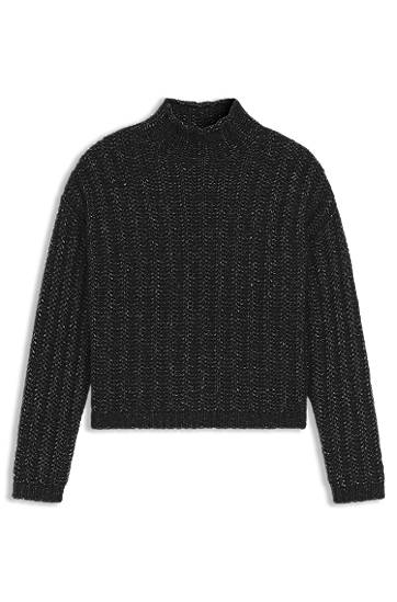 Pleteni pulover BOSS Cropped Ribbed Knit Mock Neck Sweater Črna | 50550210