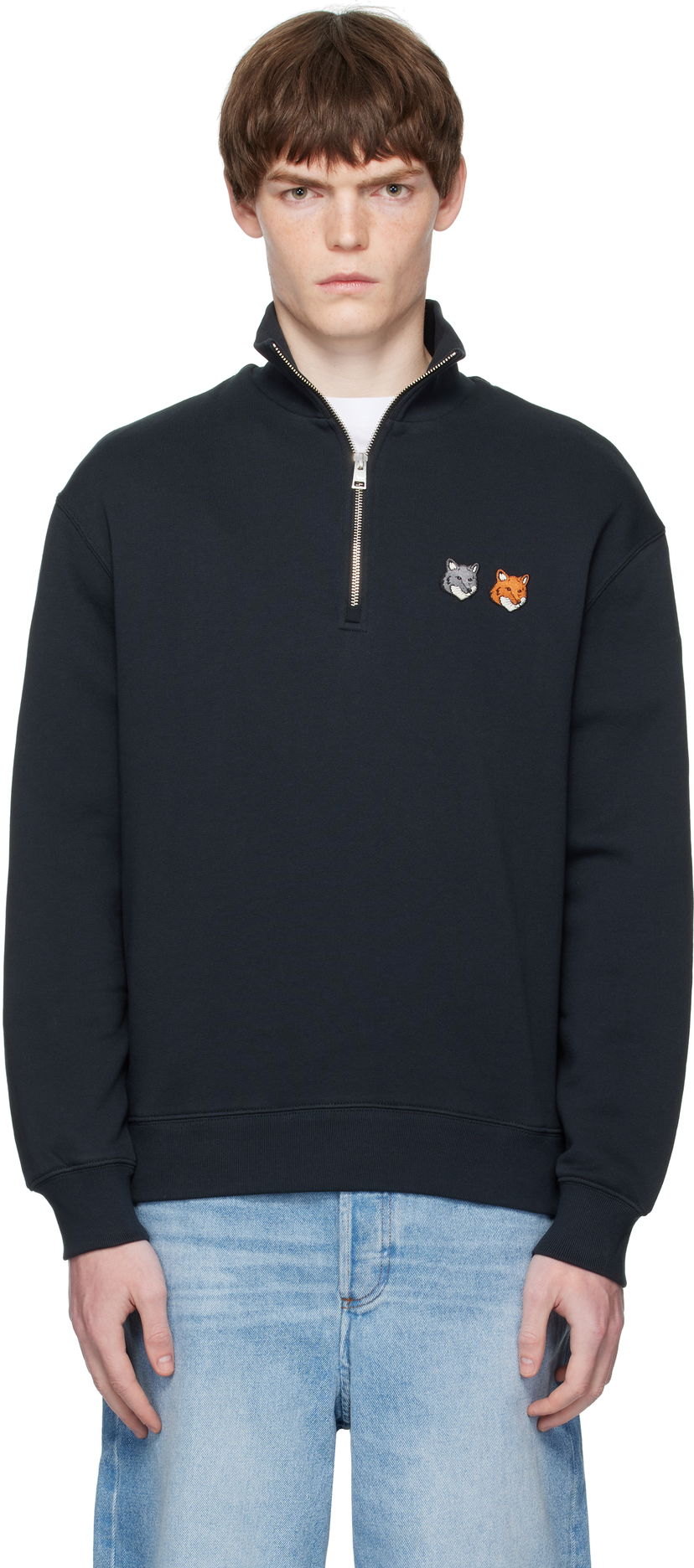 Pulover MAISON KITSUNÉ Maison Kitsuné Double Fox Head Half-Zip Sweatshirt Črna | OM211CFKM0321