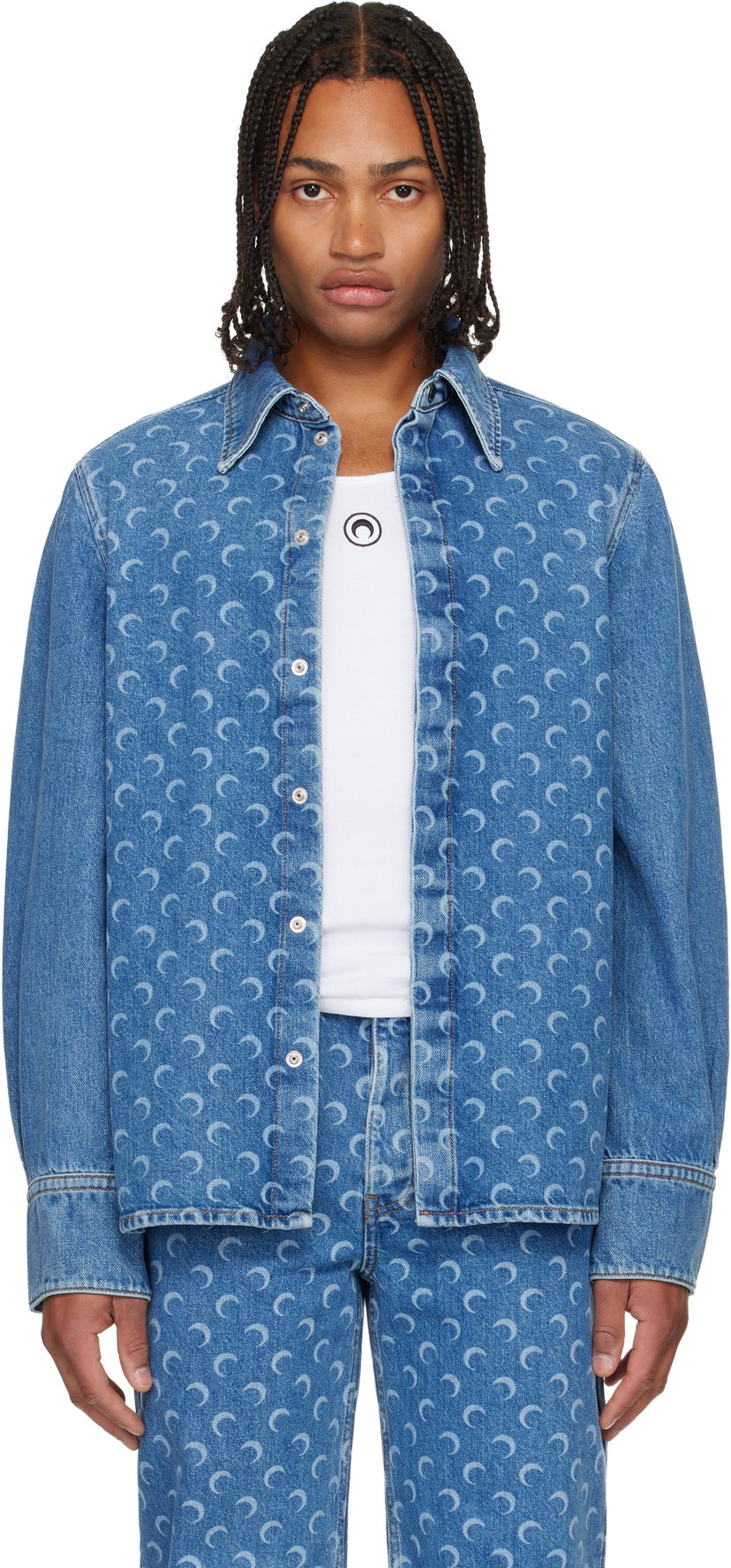 Srajce Marine Serre Marine Serre Moon Laser Denim Shirt Modra | USI035ACDEN0002