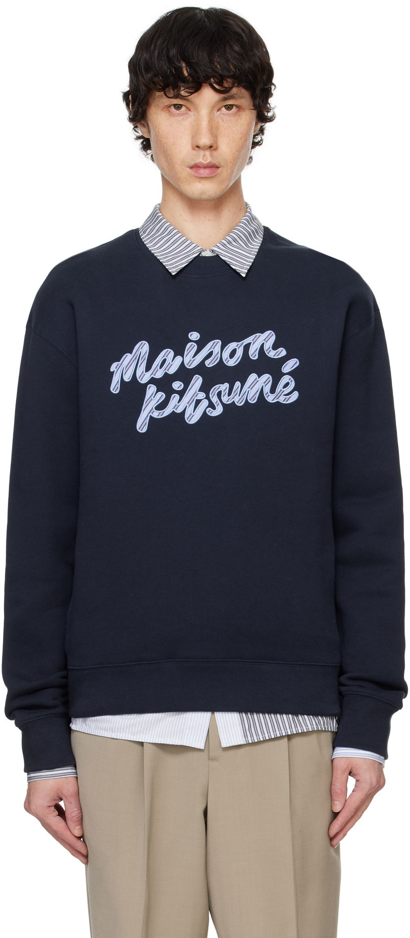 Pulover MAISON KITSUNÉ Handwriting Striped Comfort Sweatshirt Modra | NM00310KM0307