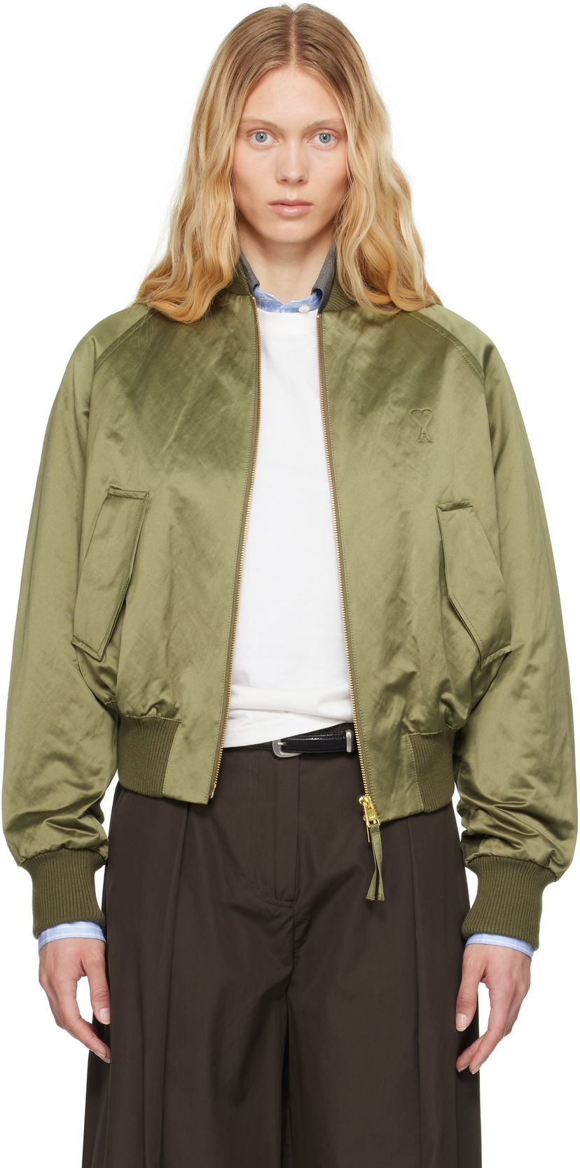 Bomber jakna AMI AMI Paris Cotton Satin Ami de Coeur Bomber Jacket Zelena | FJK011.CO0100