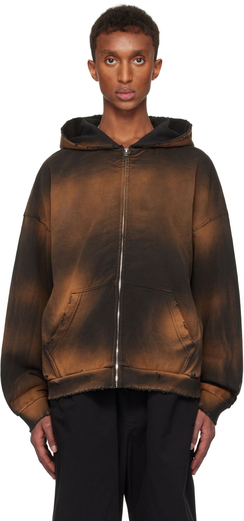 Pulover We11done We11done Distressed Zip-Up Hoodie Rjava | WD-TJ3-24-833-U-BK