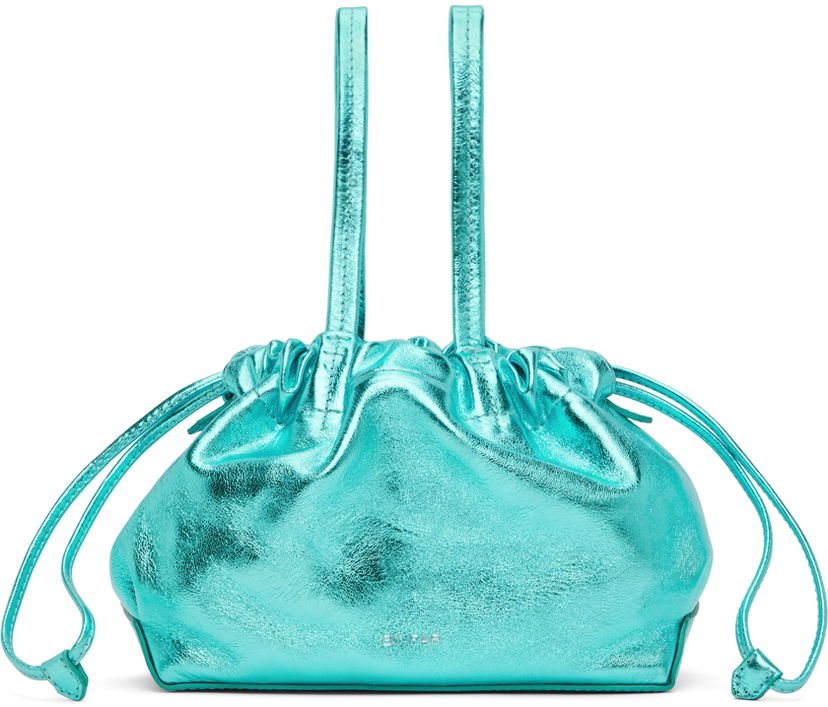 Torbica BY FAR BY FAR Malmo Mini Metallic Leather Drawstring Bag Turkizna | 23SSMLMOAQAMED