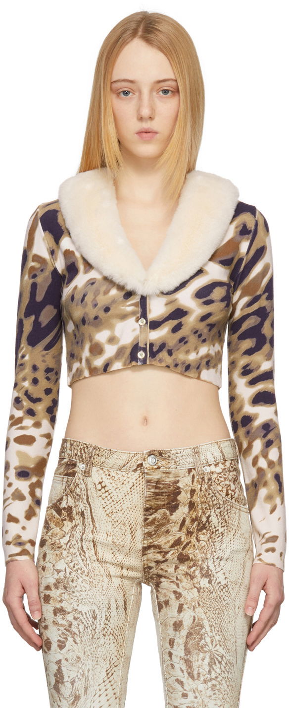 Pleteni pulover Blumarine Blumarine Print Cropped Cardigan with Faux Fur Collar Večbarvna | 2M147A