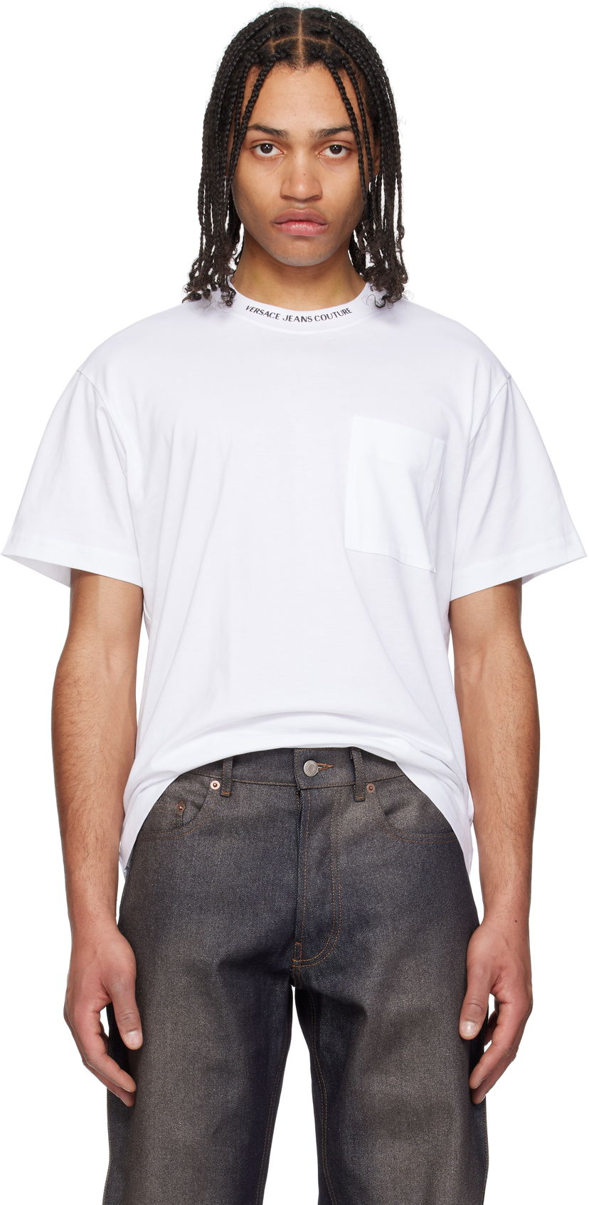 Majica Versace Versace Jeans Couture Logo Collar Pocket T-Shirt Bela | E78GAHE03_ECJ00E