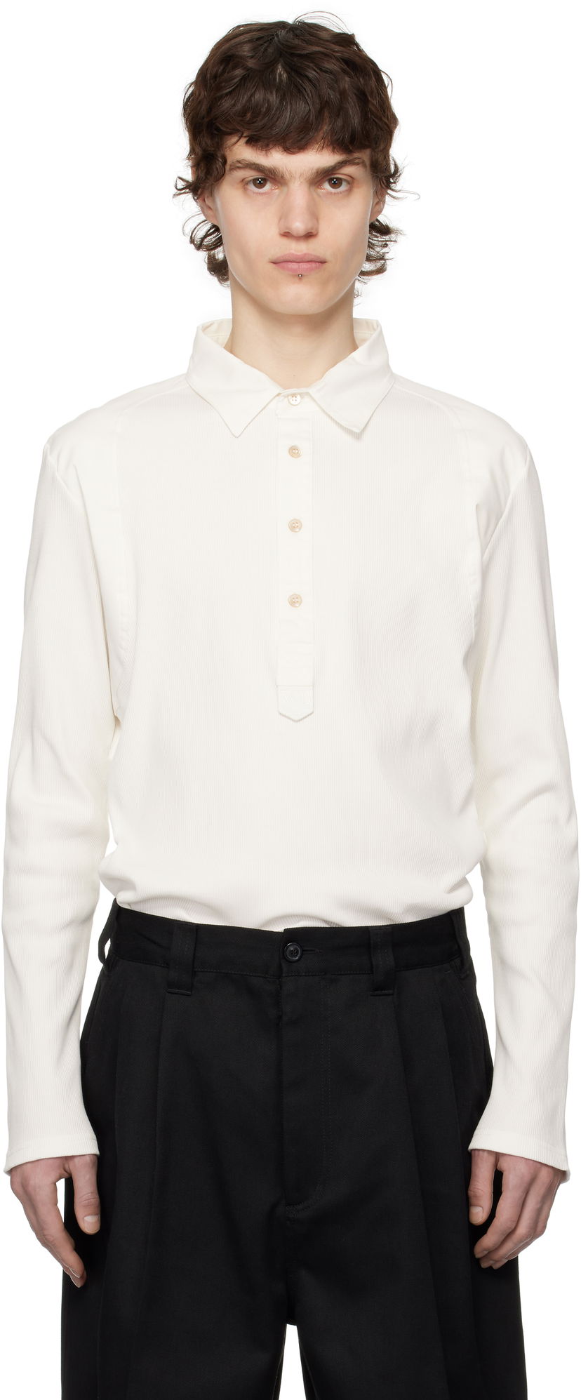 Polo majica Wales Bonner Wales Bonner Dub Long Sleeve Polo Bela | MS25JE03-JE02-000 RIB JERSEY