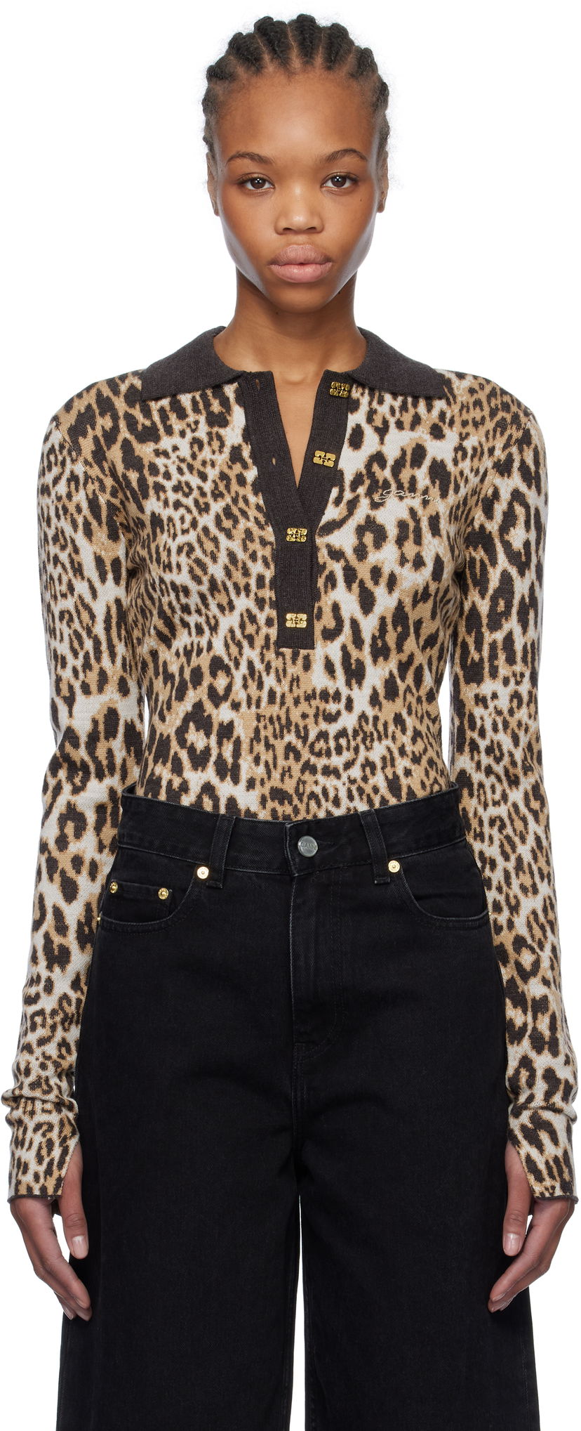 Polo majica GANNI GANNI Leopard Knit Polo Rjava | K2341