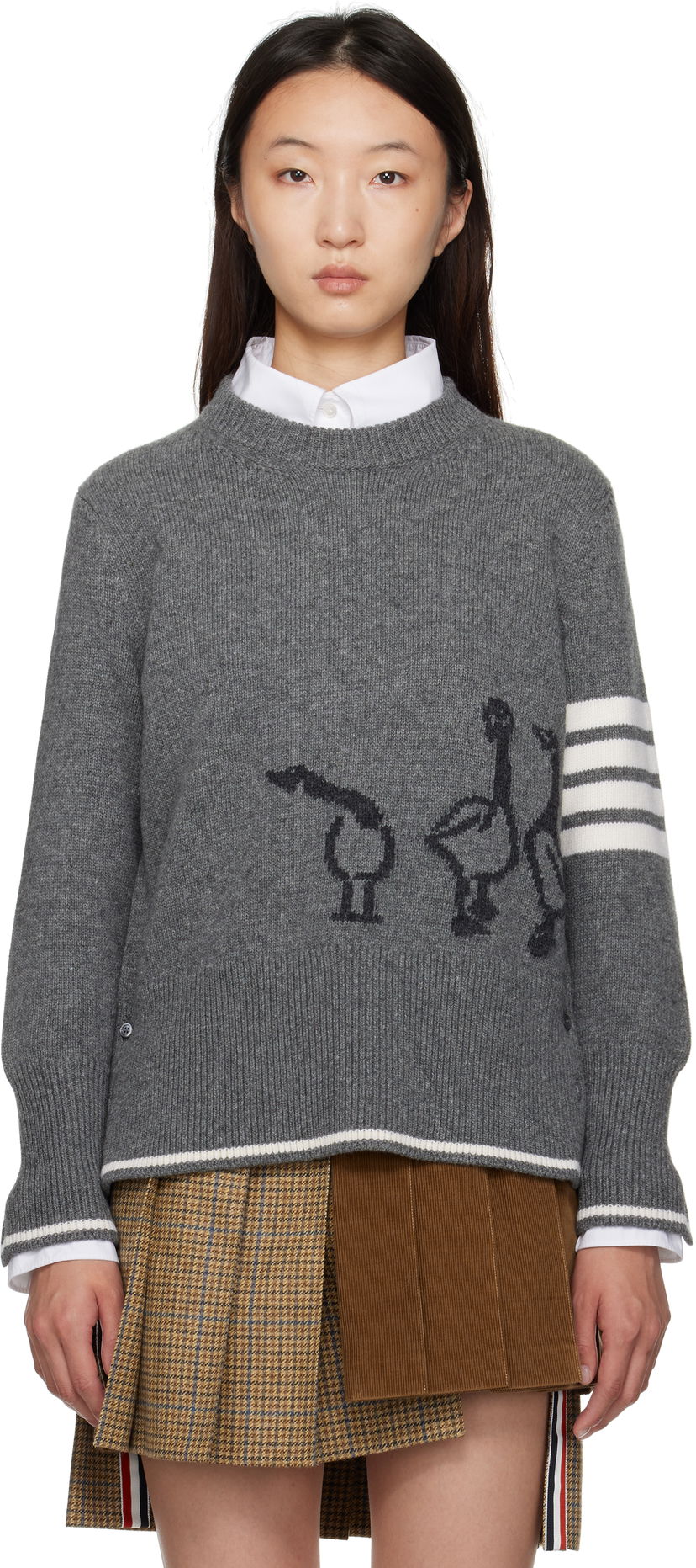Pleteni pulover Thom Browne Thom Browne Merino Wool Geese Intarsia Sweater Siva | FKA499A-Y1029