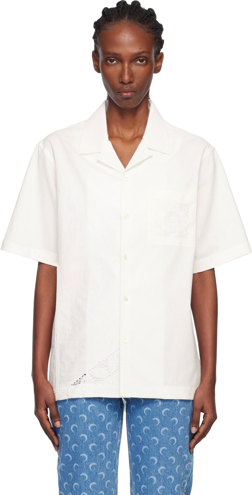 Srajce Marine Serre Regenerated Household Linen Short Sleeve Bowling Shirt Bela | USI016AUWOV0045