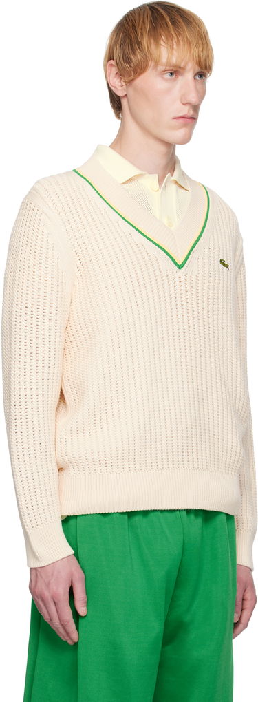 Pleteni pulover Lacoste Lacoste V-Neck Striped Tennis Sweater Bež | AH9303_GIH, 1