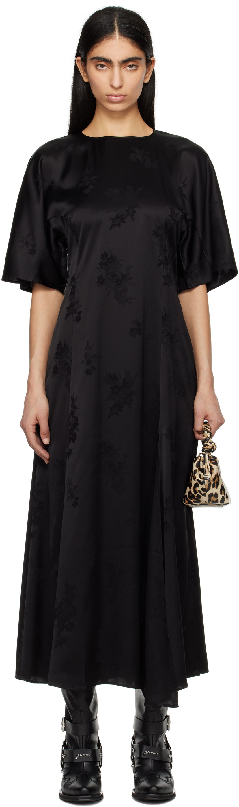 Obleke GANNI GANNI Fluid Satin Jacquard Slit Maxi Dress Črna | W0255