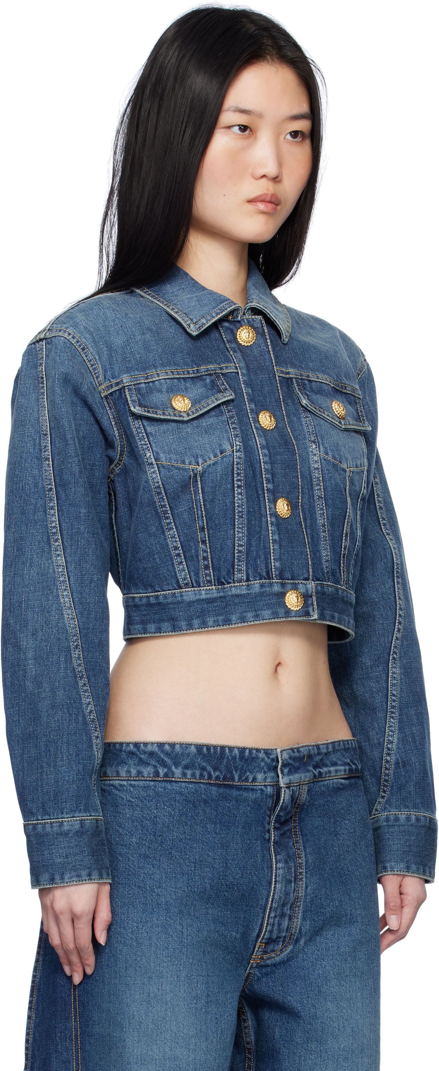 Jakna Balmain Cropped Faded Denim Jacket Modra | EF1TC180DF65, 1