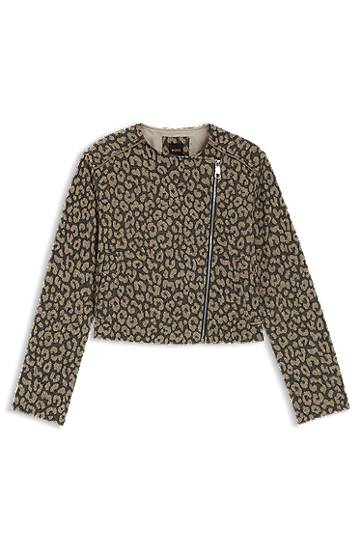Jakna BOSS Cropped Leopard Jacquard Biker Jacket Rjava | 50546006