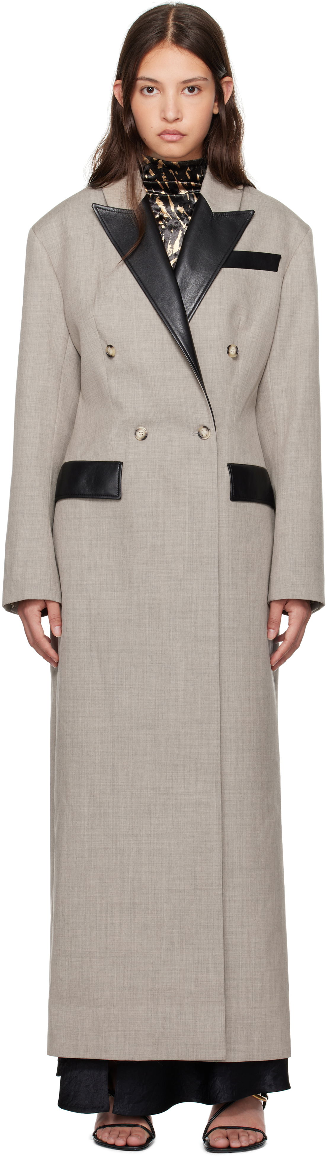 Plašči Nanushka Nanushka Ferris Double-Breasted Long Coat Siva | NW24FWOW36970, 0