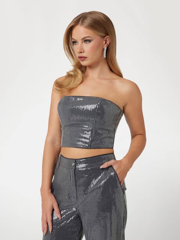 Krop-top GUESS Sequined Bustier Crop Top Siva | W5RH0GWGX40, 0