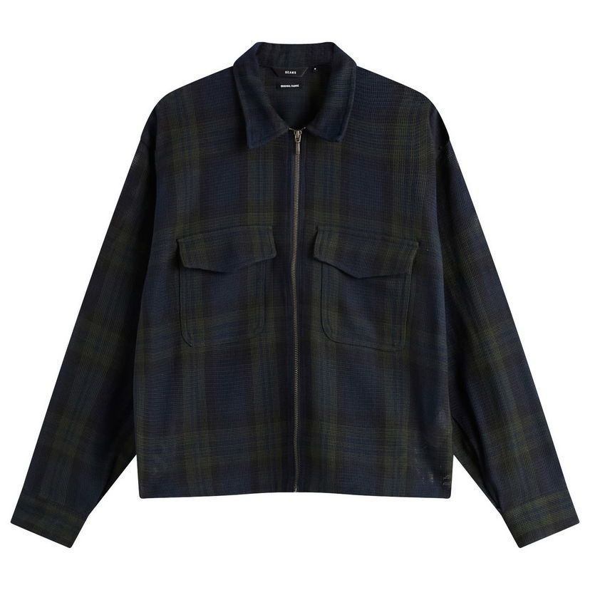 Jakna BEAMS Mesh Check Shirt Jacket, Size Small Mornarica | 1111-1286-147-79