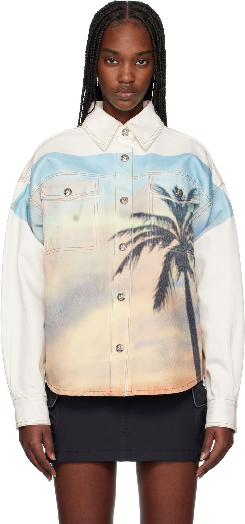 Srajce Palm Angels Palm Angels Sunrise Palm Denim Overshirt Bela | PWYD023S25DEN0010384