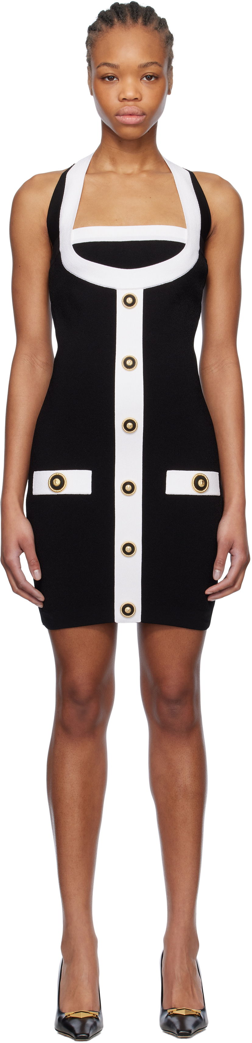 Obleke Balmain Balmain Two-Tone Halterneck Knit Mini Dress Črna | EF1R2390KH99