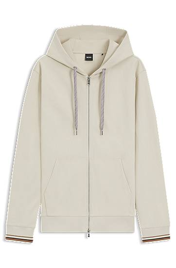 Pulover BOSS Zip-Up Hoodie with Patterned Drawcords Bež | 50543427