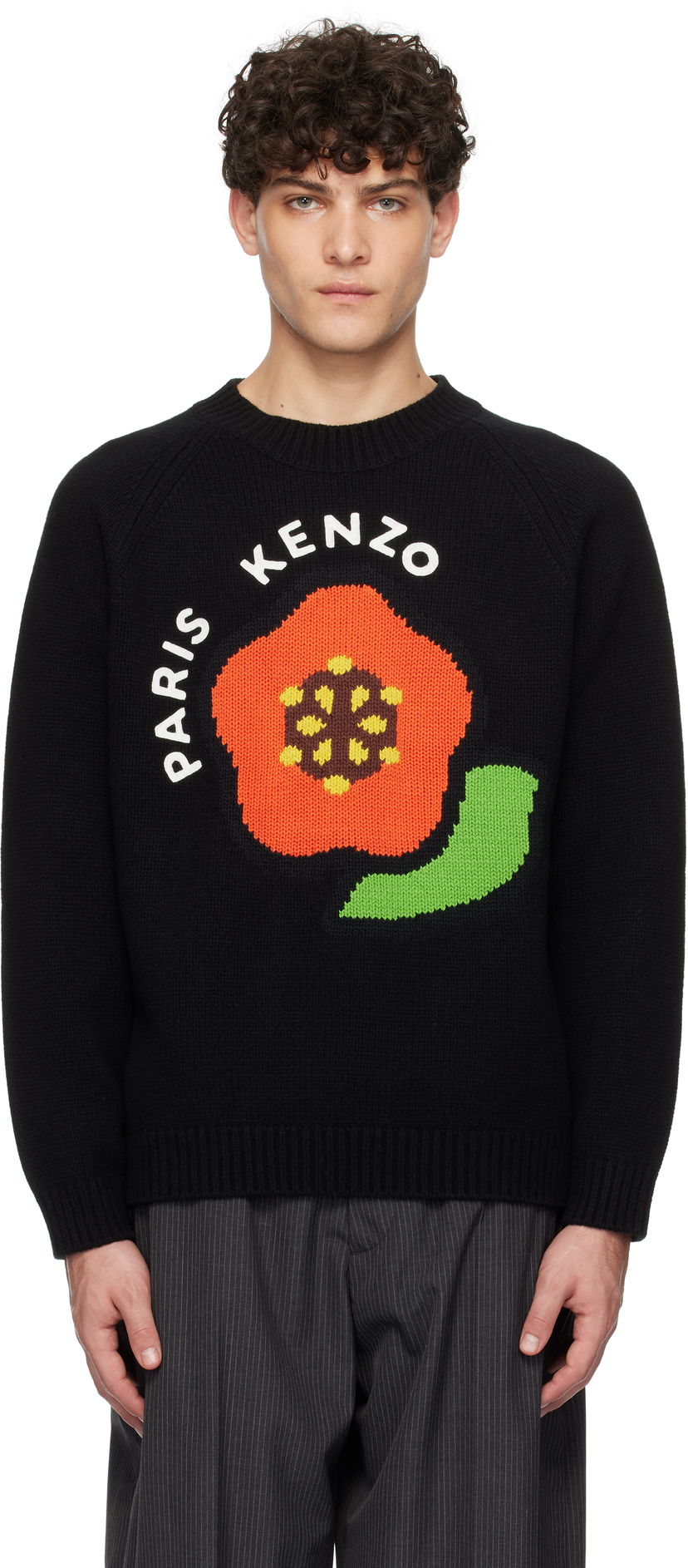 Pleteni pulover KENZO Wool Sweater with Flower Applique Črna | FF55PU7223LA