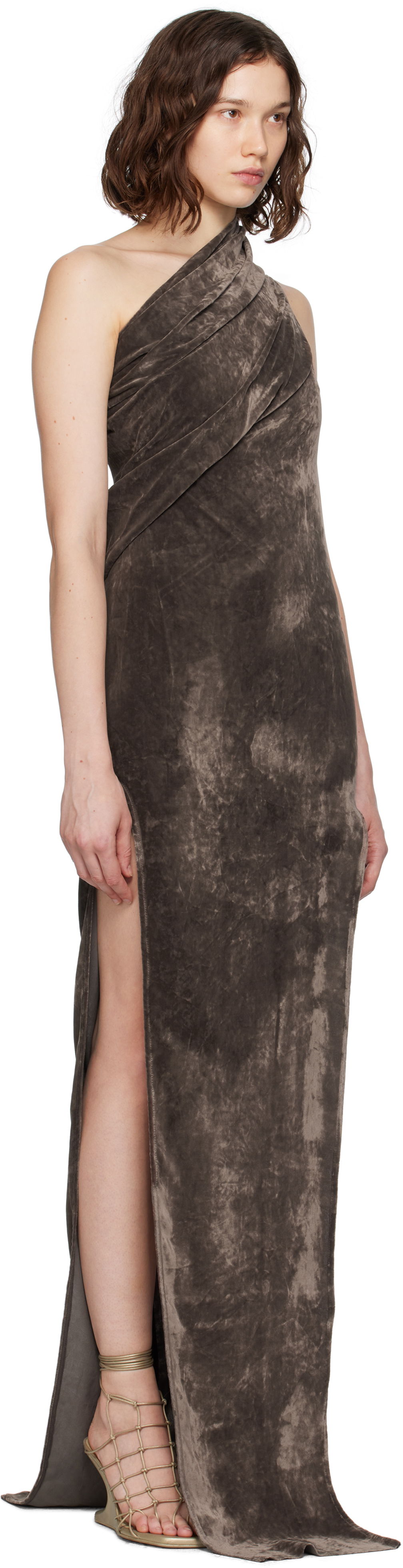 Obleke Rick Owens Rick Owens Athena Arrowhead One-Shoulder Maxi Dress Rjava | RP02E4509 V, 1