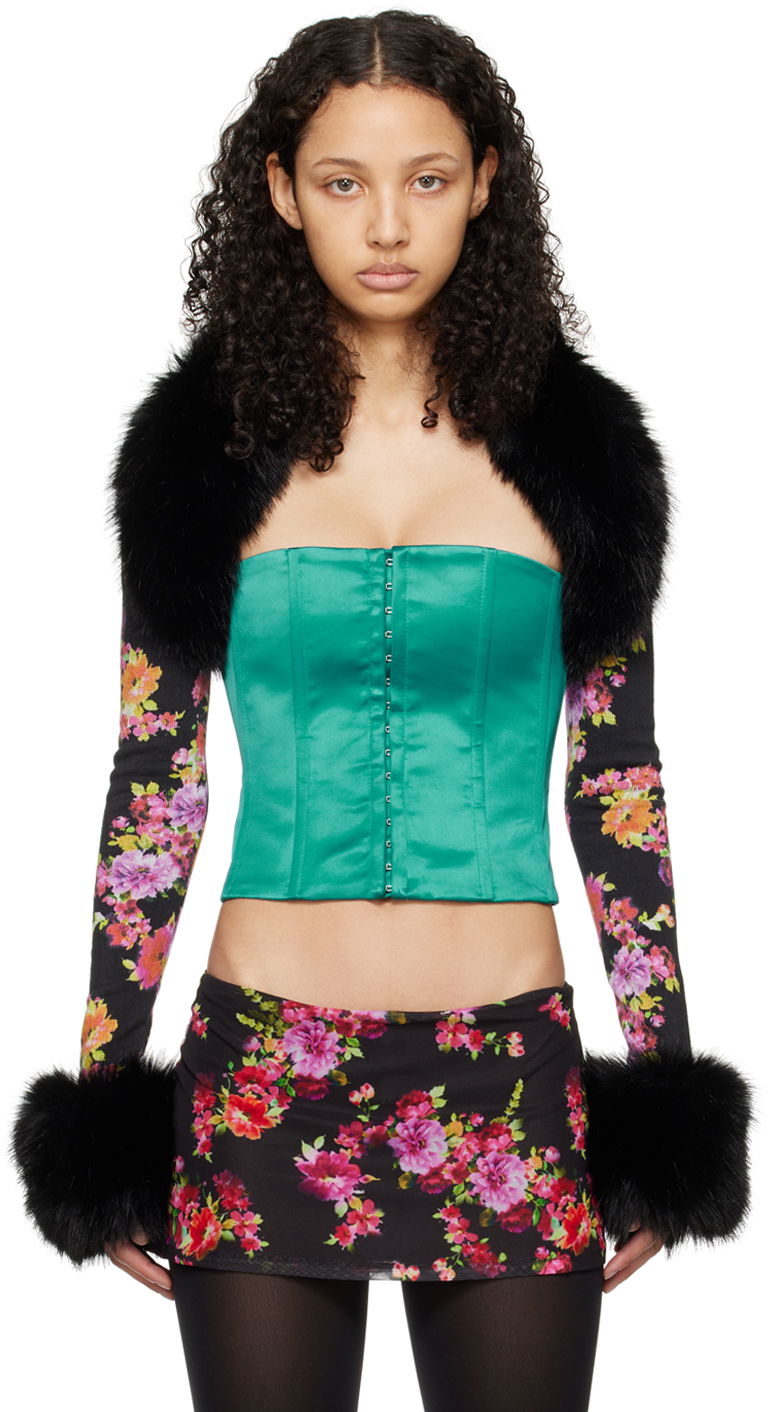 Majica brez rokavov GUIZIO GUIZIO Floral Print and Faux Fur Cardigan Zelena | R24645