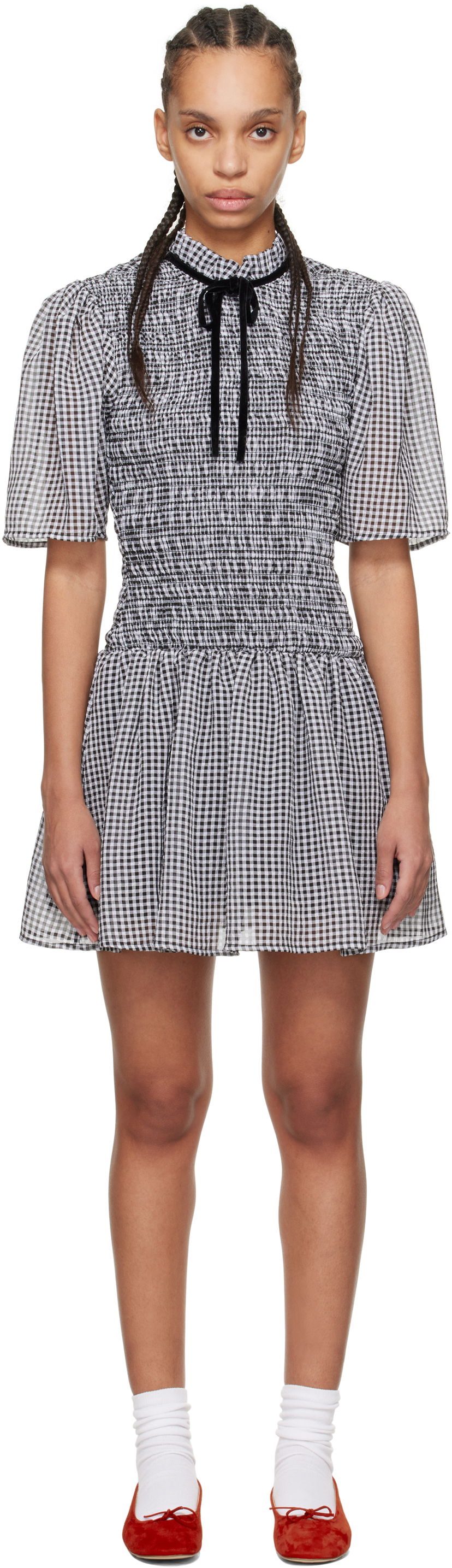 Obleke GANNI GANNI Sheer Check Smock Mini Dress Črna | W0034