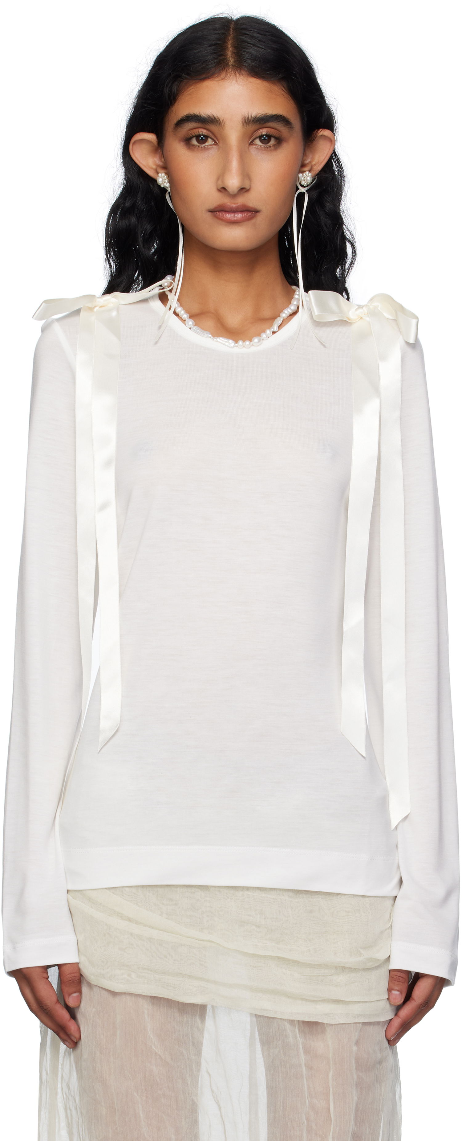 Majica Simone Rocha Simone Rocha Bow Ribbon Tail Long Sleeve T-shirt Bela | 5367 0571, 0