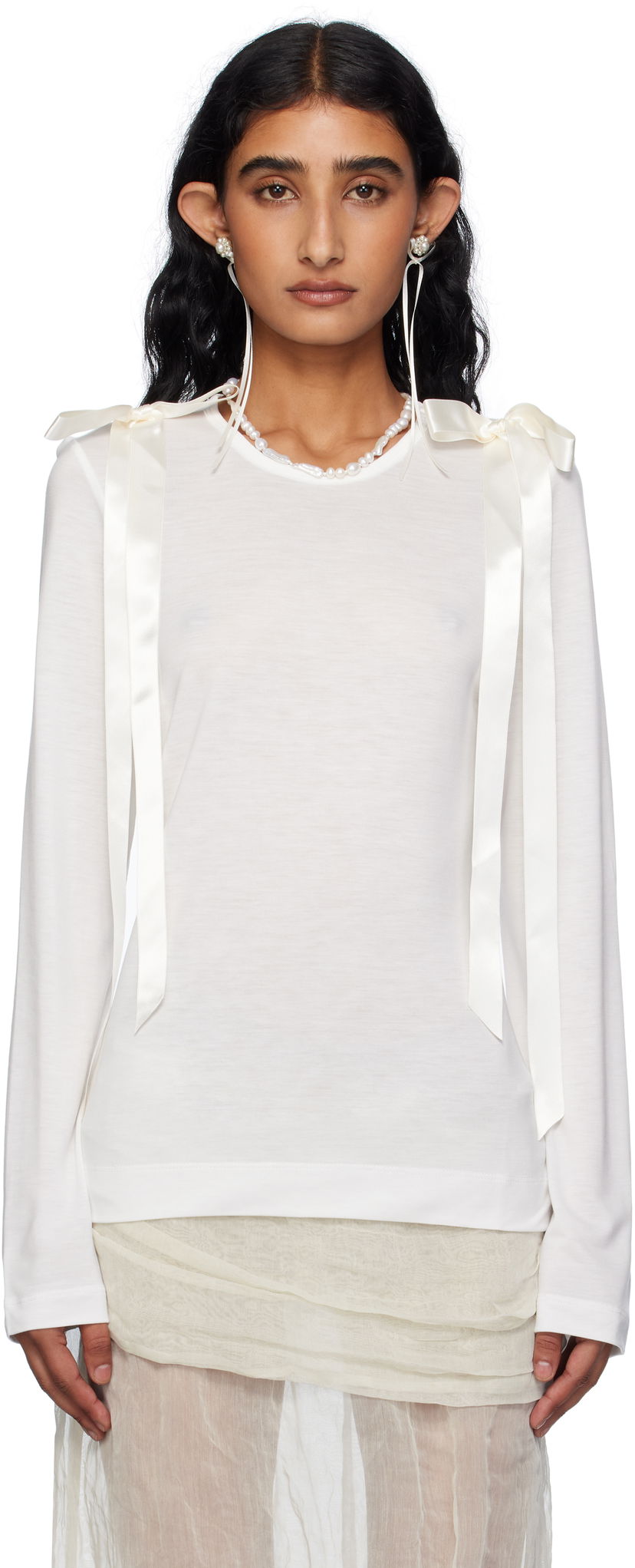Majica Simone Rocha Simone Rocha Bow Ribbon Tail Long Sleeve T-shirt Bela | 5367 0571